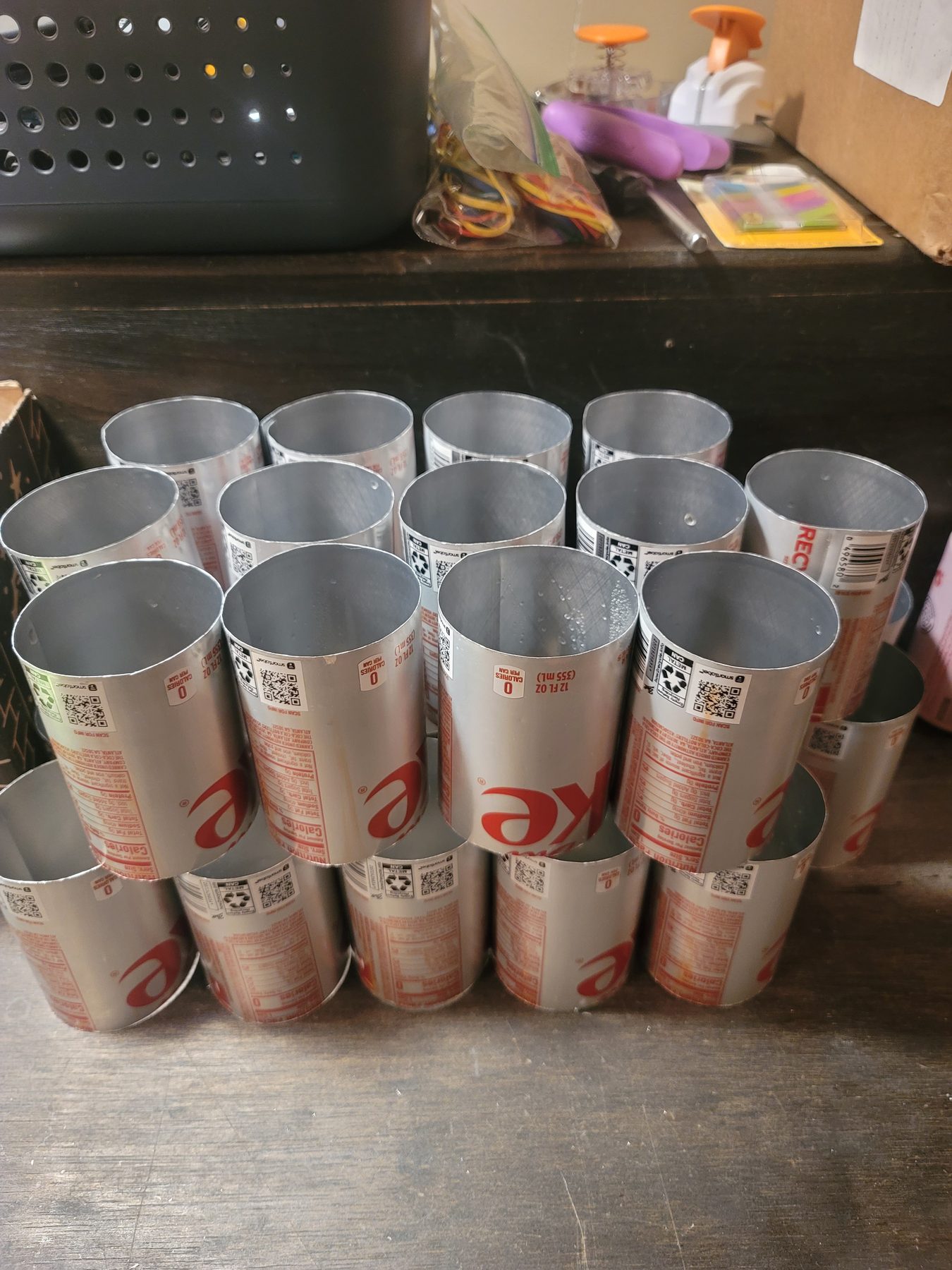 Clean reclaimed cans gathered as aluminum stock for mosaic work